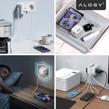 Sieťový rozbočovač rozbočovač Nabíjací adaptér zlodej 3 zásuvky EU 3x USB USB-C C 7v1 Alogy Biela