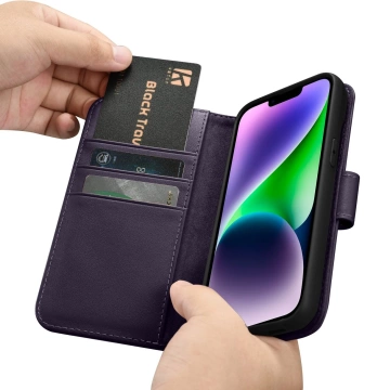 iCarer Wallet Case 2v1 puzdro na telefón pre iPhone 14 Plus Anti-RFID kožený flipový kryt tmavofialový