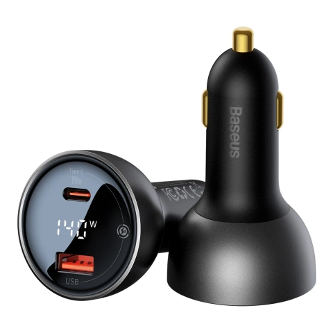 Автомобільний зарядний пристрій Baseus Digital Display USB-A / USB-C PD 140W - чорний Кабель USB-C / USB-C 240W 1м