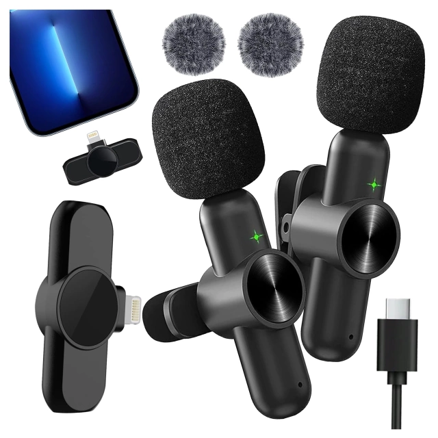 Bezdrátový mikrofon 2x sada - Lightning pro iPhone, potlačení hluku, lehká konstrukce, dosah až 20 metrů - 2x klopový mikrofon s kožešinovým krytem, sluchátko na telefon - Alogy DualVoice™ černá