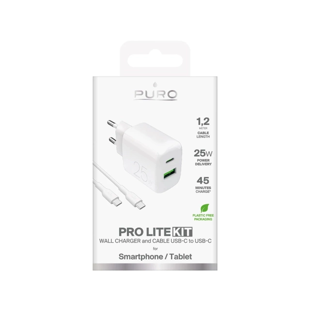 Зарядний пристрій Puro PROLITE 25W USB-A/USB-C, кабель USB-C 1,2 м - білий