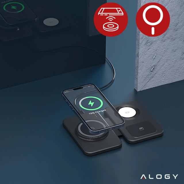 Ładowarka indukcyjna 3w1 składana Alogy MagCharge Foldable Pro do MagSafe do Apple iPhone Watch AirPods Czarna
