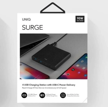 UNIQ Ład. siec. HUB Surge 90W czarny /charcoal black 2xUSB Quick Charge 3.0   2xUSB-C PD 3.0 (LITHOS Collective)