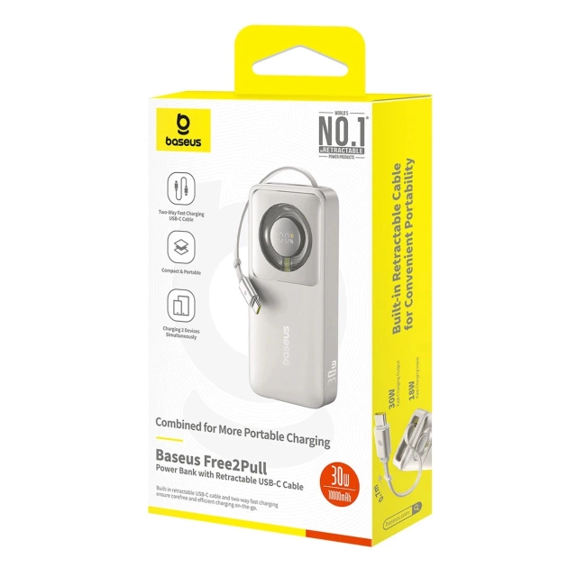 Powerbanka Baseus Free2Pull 10000mAh 30W s portem USB-C a zatahovacím kabelem USB-C - šedá