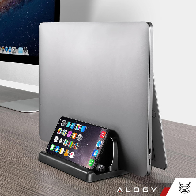 Vertical stand for laptop phone tablet 3in1 organizer holder adjustable desk stand Alogy black