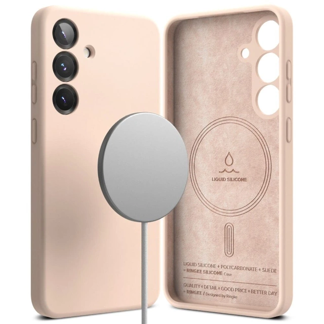 Silikonový pouzdro na Samsung Galaxy S25 s růžovým pískovým kroužkem a magnetickým MagSafe.