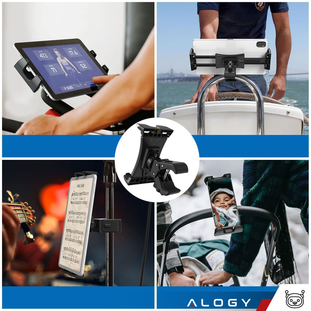 Tablet phone holder 4.7"-12.9" for a bar, tripod, handlebar for a trainer, stationary bike, treadmill, headrest stand Alogy black