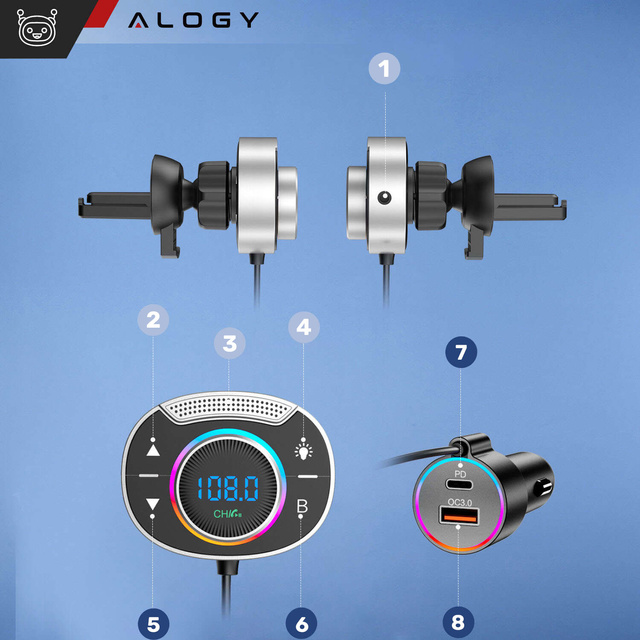 Bluetooth Audio FM MP3 BT vysílač Rychlá USB nabíječka do auta QC 3.0 USB-C typu C PD pro Alogy Car