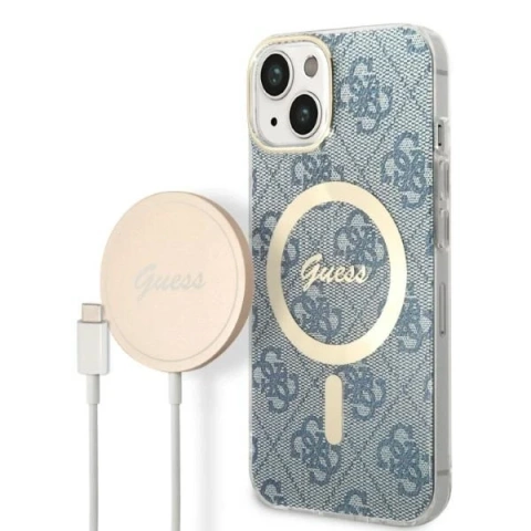 Zestaw Guess GUBPP14SH4EACSB Case Charger iPhone 14 6,1" niebieski/синій жорсткий чохол 4G Print MagSafe