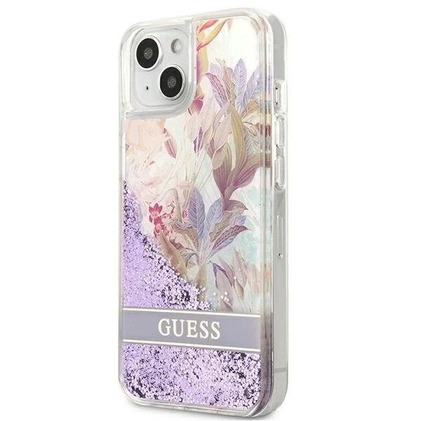 Guess GUHCP13SLFLSU iPhone 13 mini 5,4" fioletowy/fialové pevné puzdro Flower Liquid Glitter