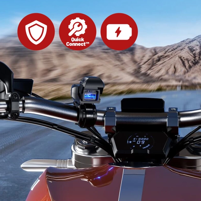 Kewig USB-A Motorcycle Charger 18W, QC Fast Charging, Waterproof IP65 with On/Off Switch and LED Backlight, Handlebar Mount, for Phone, Camera, Intercom – Black