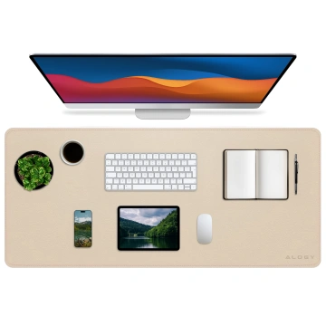 Desk pad 80×40 cm – anti-slip protective mat made of elegant PU eco-leather, for mouse and keyboard, stylish and durable – Alogy WorkMat™ Beige