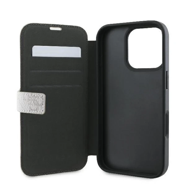 Guess 4G Metal Logo Book Case iPhone 16 Pro Max – růžový ze stojánku