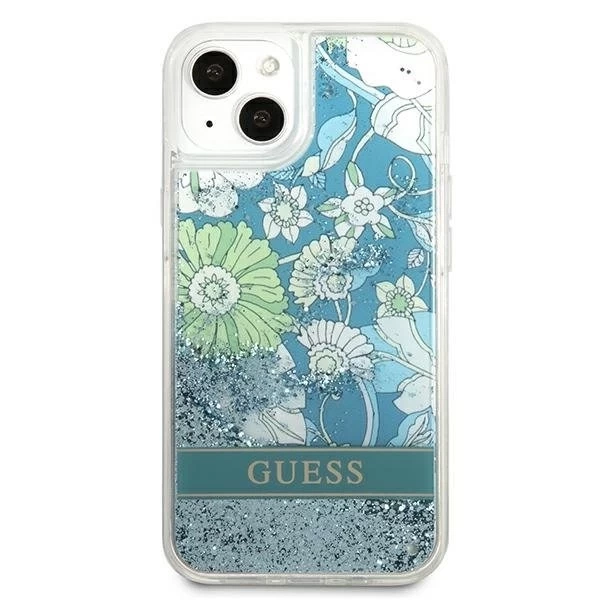 Guess GUHCP13MLFLSN iPhone 13 6,1" zielony/zelené pevné pouzdro Flower Liquid Glitter
