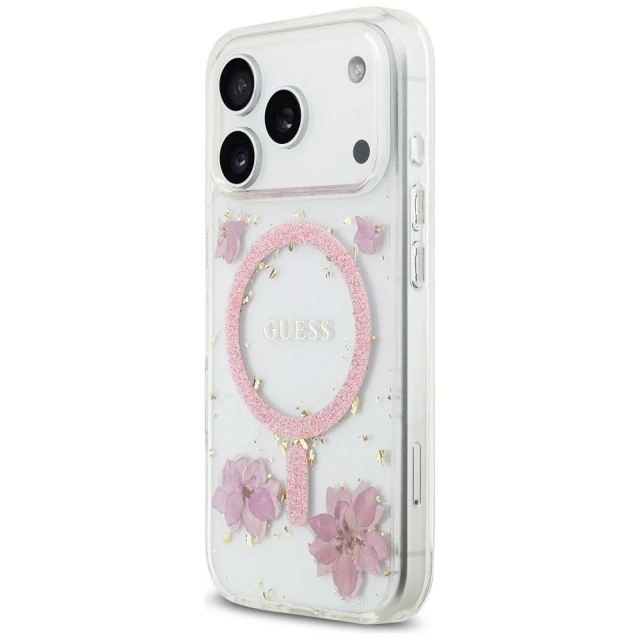 Etui Guess MagSafe do iPhone 17 Pro Resin Flowers Glitter Pink