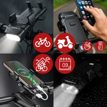 Držiak telefónu na bicykel 4v1 LED svetlo T6 predný zvonček na bicykel Powerbanka 3000mAh čierna