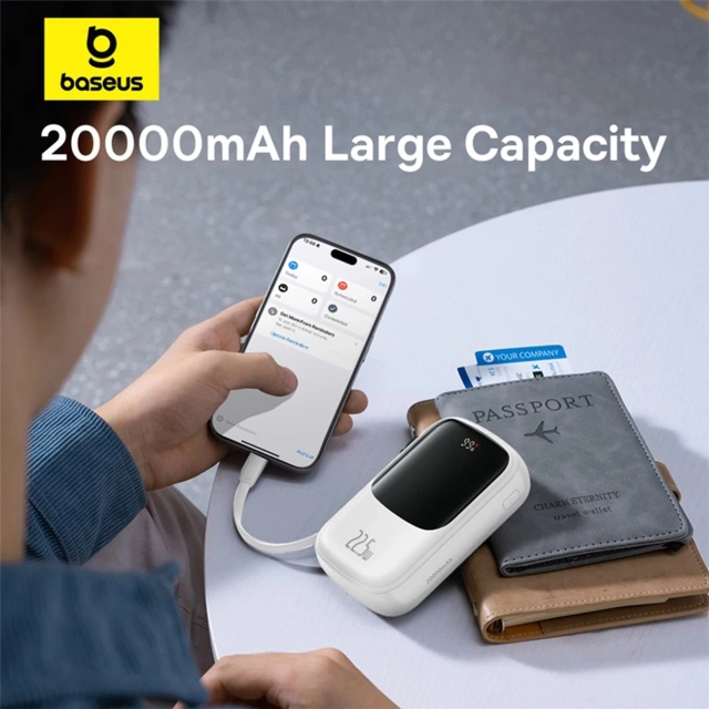 Батарея живлення Baseus Qpow Pro 20000mAh 22,5W із вбудованим кабелем USB-C і дисплеєм - білий