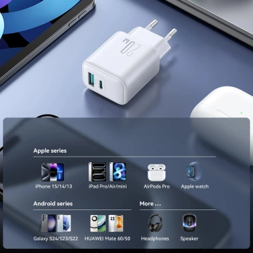 Sieťová nabíjačka Joyroom USB-C / USB-A 20 W PD / QC 3.0 – biela