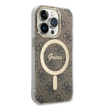 Nabíječka pouzdra Zestaw Guess GUBPP14XH4EACSW iPhone 14 Pro Max 6,7" brązowy/hnědé pevné pouzdro 4G Print MagSafe