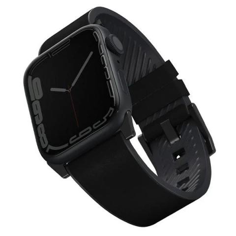 Pasek do chytrých hodinek UNIQ Straden do Apple Watch Series 4/5/6/7/8/SE/SE2/Ultra 42/44/45mm kožený hybridní řemínek černý/černý