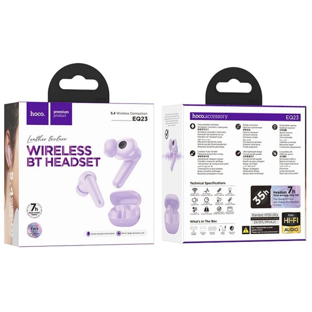 HOCO TWS EQ23 Wireless Bluetooth Headphones Charging Case Purple