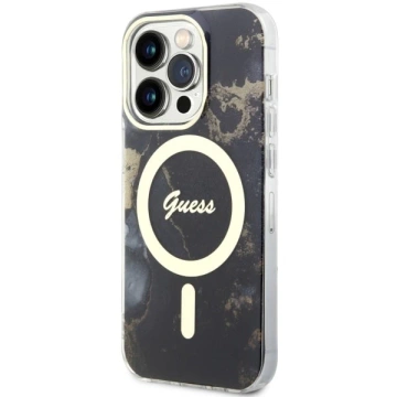 Obal na telefón Guess GUHMP14LHTMRSK do Apple iPhone 14 Pro 6,1" čierny/čierny pevný obal Golden Marble MagSafe