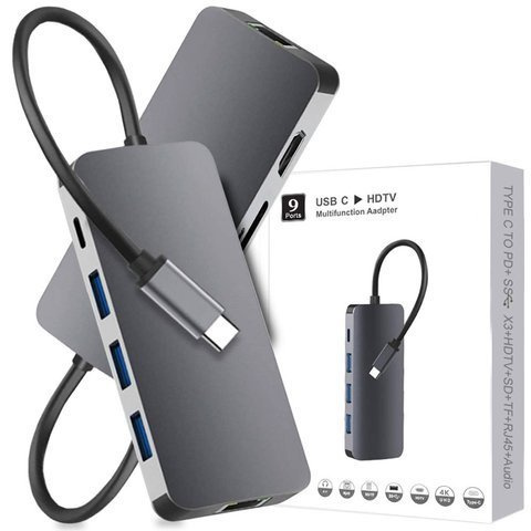 Адаптер Alogy HUB 9w1 HDMI 4K RJ45 USB-C PD 3xUSB AV SD/TF/microSD