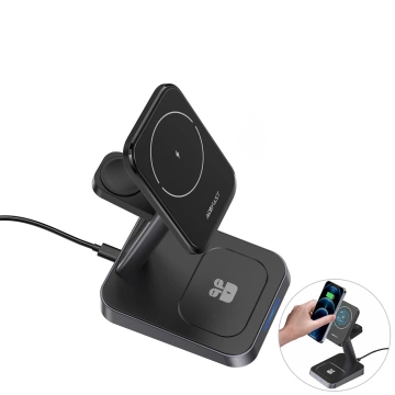 Bezdrátová nabíječka Acefast 15W Qi pro iPhone (s MagSafe), Apple Watch a magnetický držák Apple AirPods Stand černý (E3 černý)