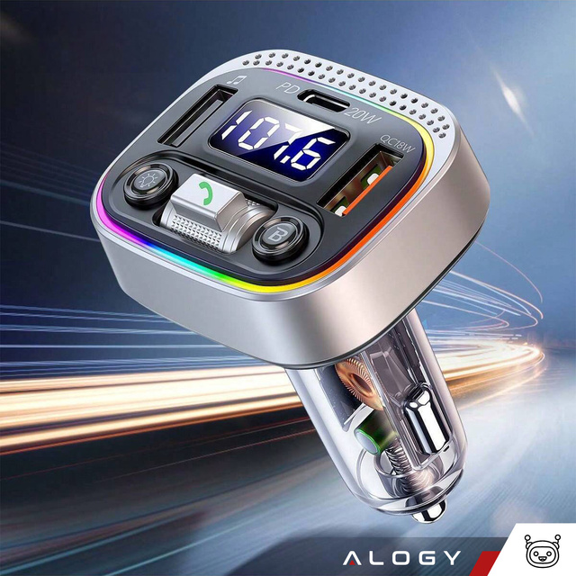 Bluetooth FM MP3 Car Transmitter Fast Charger 2 x USB QC 3.0 USB-C C PD 20W LED RGB Alogy Car silver
