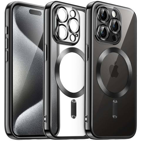 Etui MagSafe Case do iPhone 15 Pro Glamour Luxury obudowa Slim Ring Alogy Czarne przezroczyste + Szkło