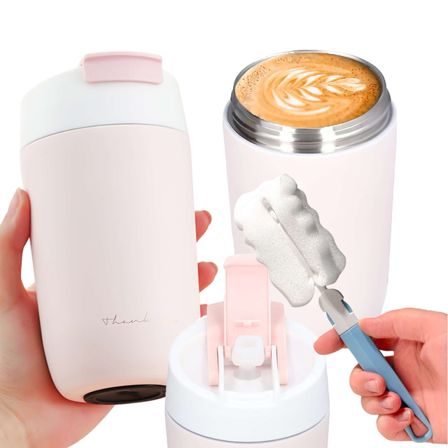 Thermos mug with a spout and a straw for coffee, yerba mate tea, 480ml, Alogy vacuum bottle, Steel, Pink, Washing brush