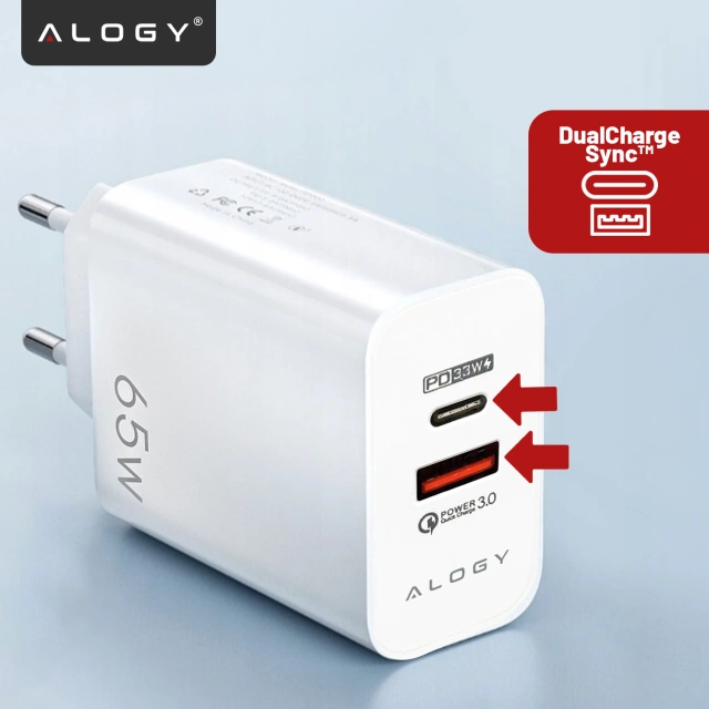 Schnelles USB-A QC 3.0 Quick Charge USB-C PD 33W 65W Wandladegerät Alogy White