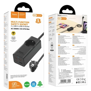 Подовжувач зарядного пристрою Hoco NS9 2 м 67 Вт 1x230 В USB-C 3x USB-A Чорний