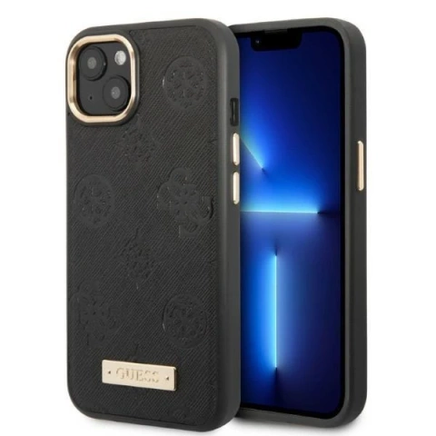 Etui Guess GUHMP13MSAPSTK do Apple iPhone 13 6,1" černý/černý pevný obal Pivoňka Logo Plate MagSafe