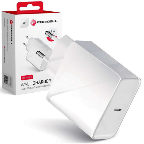 Forcell wall charger with USB-C Type C 3A 45W PD QC 4.0 connector White