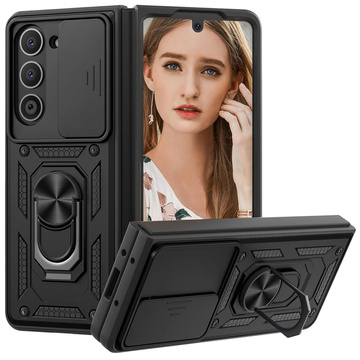 Obrnené puzdro pre Galaxy Z Fold 5 Camshield Case Ring Alogy Stand s posuvným krytom fotoaparátu, čierne
