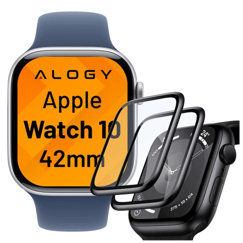 2x Гібридне скло для Apple Watch 10 42 мм Alogy 3D Glass з чорною рамкою