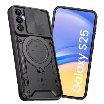 Puzdro pre Samsung Galaxy S25, pancierované, slide case, krúžok, ochranný kryt fotoaparátu Alogy CamGuard Pro, čierne