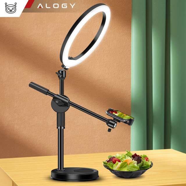 Kruhová LED kruhová lampa 10" 2x držák telefonu stojící stativ na stole s nastavitelným rámem Alogy Black