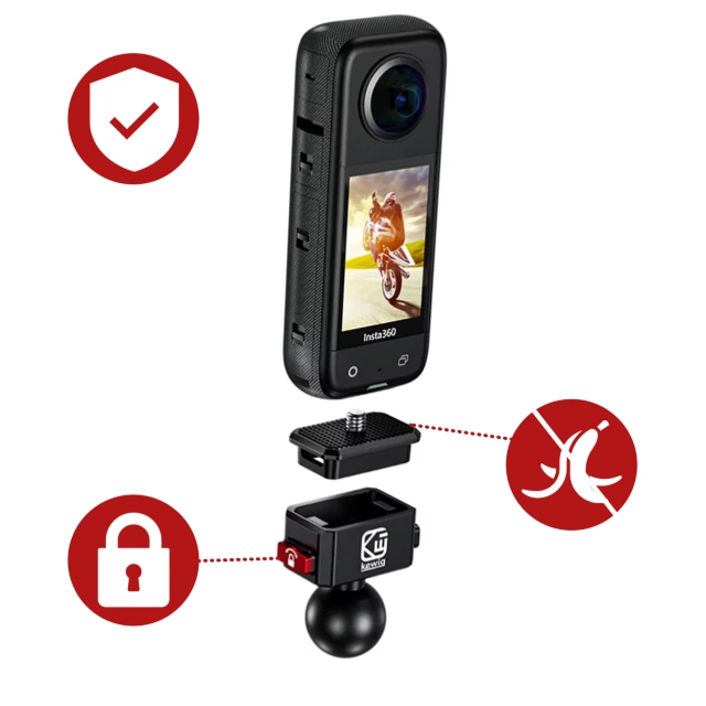Hliníkový držák na motocykl Kewig QuickLock pro 1/4° akční kamery 360°, stabilní s antivibrační pojistkou, rychloupínací montáž na řídítka nebo rám