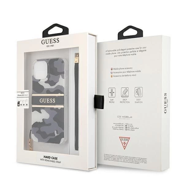 Guess GUHCP13MKCABBK iPhone 13 6,1" čierne/čierne pevné puzdro Camo Strap Collection