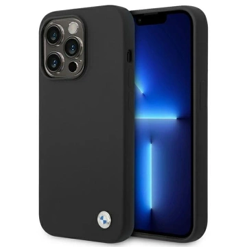 BMW BMHCP14LSILBK puzdro na telefón pre Apple iPhone 14 Pro 6,1" čierne/čierne silikónové kovové logo