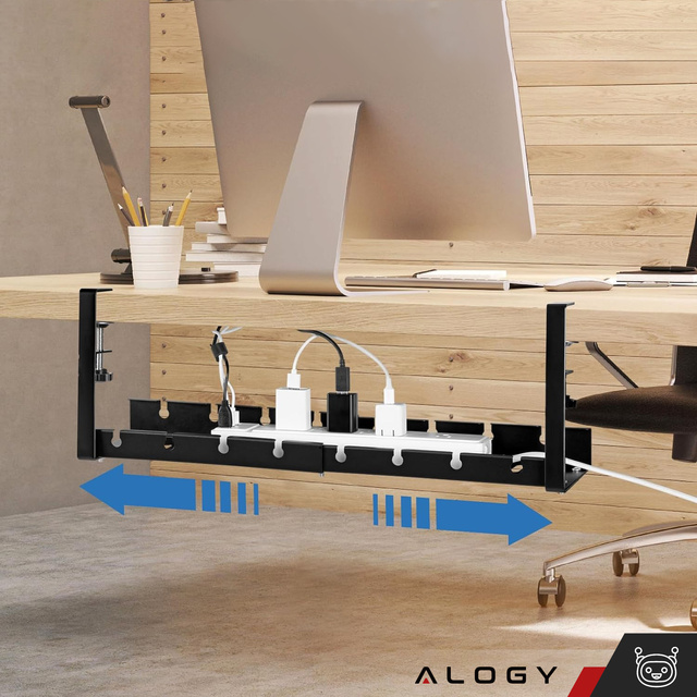Kabel-Organizer unter der Tischplatte, verstellbare Ablage für Kabel, Schreibtischleiste, Aluminiumhalter Alogy Black