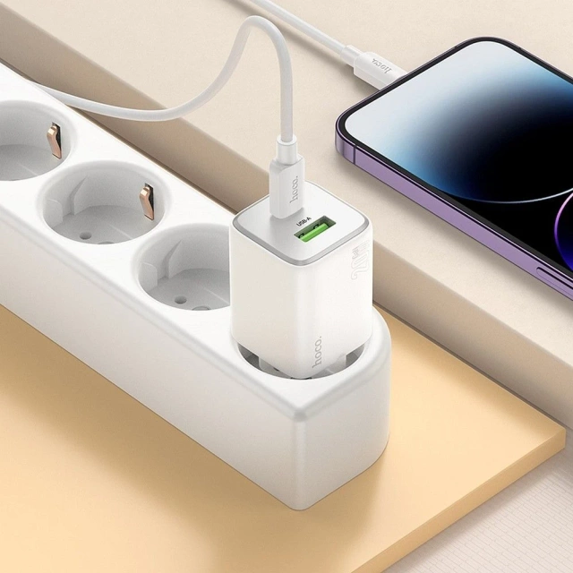 Ładowarka Hoco N41 GaN 20W USB-C + USB-A + Kabel USB-C Lightning Biała
