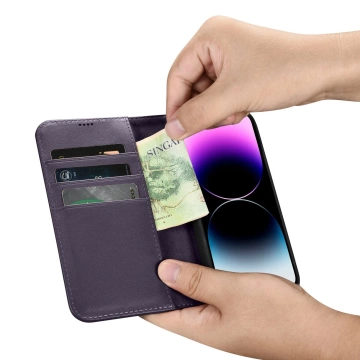 iCarer Wallet Case 2v1 puzdro na telefón pre iPhone 14 Pro Max Anti-RFID Flip Leather Cover Dark Purple