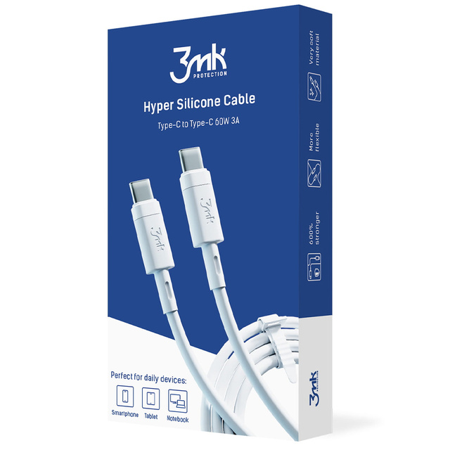3mk Hyper Silicone Cable USB-C to USB-C Type C PD QC3.0 60W 3A 1m White
