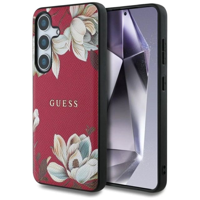 Etui Guess Grained Printed Flower MagSafe do Samsung Galaxy S25 Fuksja