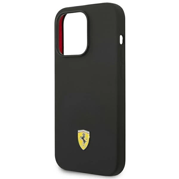 Puzdro Ferrari iPhone 14 Pro 6,1" čierne/čierne pevné silikónové kovové logo