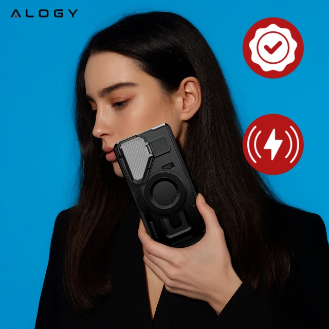 Etui do Samsung Galaxy S25 Ultra Case do MagSafe Wzmocniona Pancerna ochrona obiektywów z funkcją podstawki obudowa ochronna na telefon Alogy HeavyDuty Mag™️Czarne