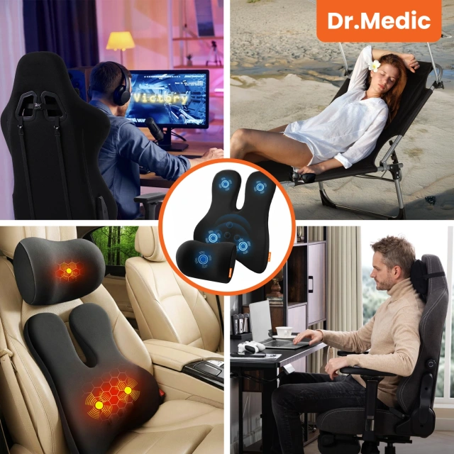 Autopolštář 2 v 1 s masáží a vyhříváním – ergonomická opora pro krk, šíji, záda a bederní oblast, elektrický masážní přístroj s vibracemi pro řidiče a spolujezdce – Dr.Medic RelaxTherapyHeat™
